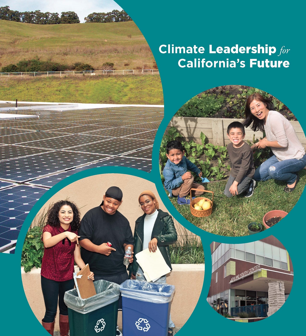 A brighter future through local action, girl with plant, group with sustainability banner, solar panels